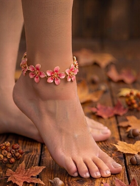 Jewelry - Pink Floral Enamel Gold Tone Anklet Statement Beach Jewelry